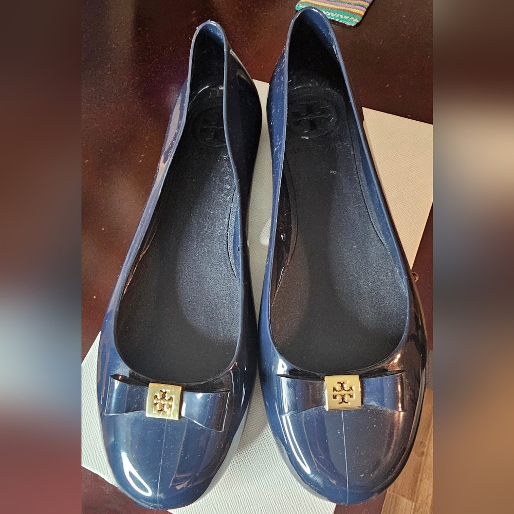 Tory Burch Navy Blue Jelly Flats with Bow GUC - Picture 3 of 14